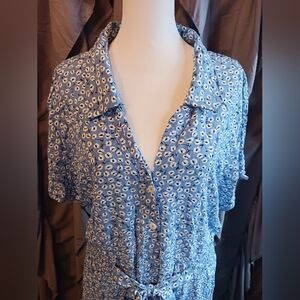 Angashion Midi Dress Women XL Shirred Waist W/Ties Lightweight Feminine Blue